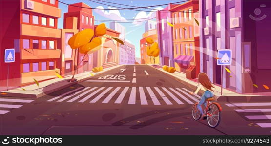 Young woman riding bicycle on autumn city street. Vector cartoon illustration of active girl cycling in town, museum building, shop facade, apartment houses, yellow foliage on trees. Urban lifestyle. Young woman riding bicycle on autumn city street