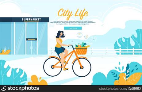 Young Woman Riding Bike with Healthy Food in Basket she Bought in Supermarket. City Dweller Lifestyle, Active Girl on Bicycle Spend Weekend, Leisure Cartoon Flat Vector Illustration, Horizontal Banner. Young Woman Ride Bike with Healthy Food in Basket