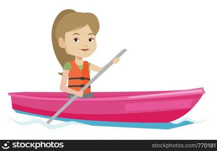 Young woman riding in a kayak in the river. Woman with skull in hands traveling by kayak. Female kayaker paddling. Woman paddling a canoe. Vector flat design illustration isolated on white background.. Woman riding in kayak vector illustration.