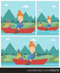 Young woman riding in a kayak on the river with a skull in hands and some tourist equipment behind her. Woman traveling by kayak. Vector flat design illustration. Square, horizontal, vertical layouts.. Woman riding in kayak vector illustration.