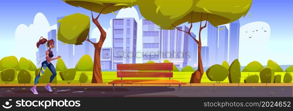 Young woman run in city park at beautiful morning cityscape view with trees and bench. Runner girl in headphones healthy lifestyle, outdoor fitness and jogging activity, Cartoon vector illustration. Young woman run in city park at beautiful morning