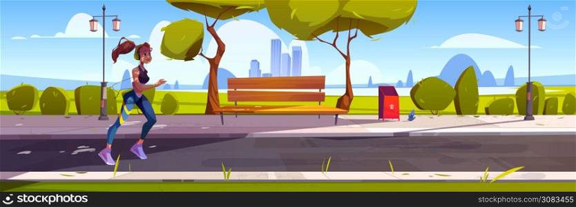 Young woman run in town park at morning. Vector cartoon illustration with cityscape, trees and runner girl in headphones. Concept of healthy lifestyle, fitness outdoor and jogging. Young woman run in town park at morning