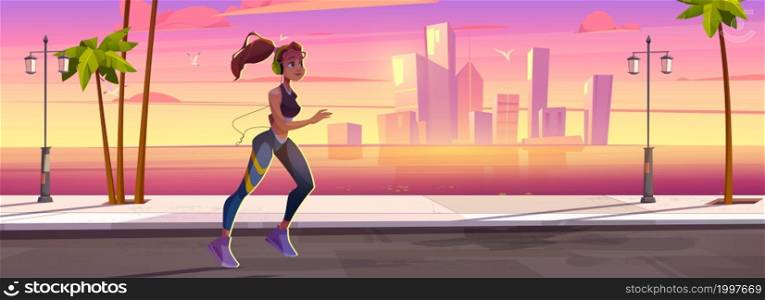 Young woman run on street on sea beach at sunset. Vector cartoon illustration with tropical landscape, ocean, town buildings on skyline and runner girl in headphones. Concept of healthy lifestyle. Young woman run on street on sea beach at sunset