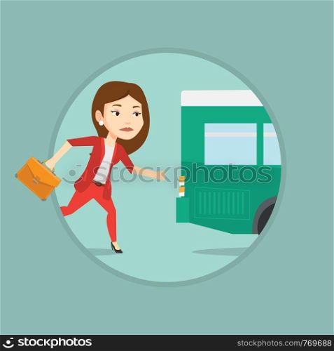 Young woman running to catch bus. Upset caucasian woman running for an outgoing bus. Sad latecomer woman running to reach a bus. Vector flat design illustration in the circle isolated on background.. Latecomer woman running for the bus.