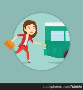 Young woman running to catch bus. Upset caucasian woman running for an outgoing bus. Sad latecomer woman running to reach a bus. Vector flat design illustration in the circle isolated on background.. Latecomer woman running for the bus.