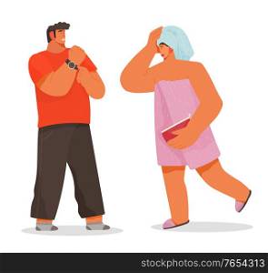 Young woman runs out of bathroom and being late, lateness. Man standing near and hurrying his wife or girlfriend. Lady dressed in pink towel on naked body. Vector illustration of life of young couple. Woman Being Late, Man Hurry Up Her Wife, Couple