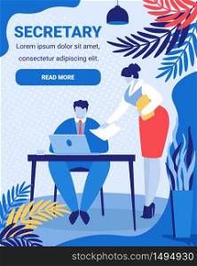 Young Woman Secretary Wearing Formal Dress Giving Paper Document to Confident Man Sitting at Table Working on Laptop. Boss and Assistant at Workplace. Cartoon Flat Vector Illustration, Vertical Banner. Young Woman Secretary Giving Paper Docs to Boss