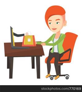 Young woman shopping online. Smiling woman making online order in virtual shop. Cheerful caucasian woman using laptop for online shopping. Vector flat design illustration isolated on white background.. Woman shopping online vector illustration.