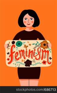 Young woman showing poster with lettering Feminism. Vector flat style cartoon illustration.
