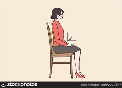 Young woman sit on chair in correct position think of back. Female employee right sedentary pose at work. Healthcare and incorrect posture concept. Healthy lifestyle. Vector illustration. . Young woman sit on chair in correct posture 