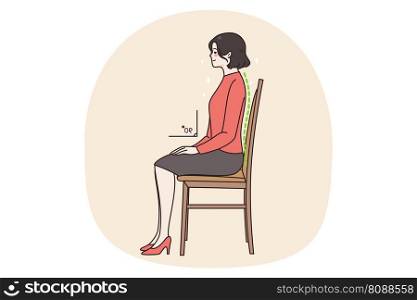Young woman sit on chair in correct position think of back. Female employee right sedentary pose at work. Healthcare and incorrect posture concept. Healthy lifestyle. Vector illustration.. Young woman sit on chair in correct posture