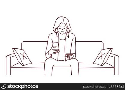 Young woman sit on sofa at home buying online on cellphone pay with credit card. Smiling girl shopping pay on smartphone with application. Vector illustration. . Young woman sit on sofa buy online with credit card 