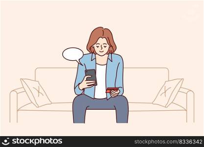 Young woman sit on sofa at home buying online on cellphone pay with credit card. Smiling girl shopping pay on smartphone with application. Vector illustration. . Young woman sit on sofa buy online with credit card 
