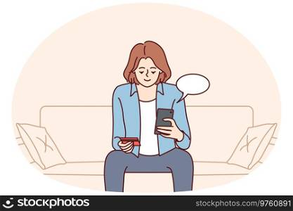 Young woman sit on sofa at home buying online on cellphone pay with credit card. Smiling girl shopping pay on smartphone with application. Vector illustration.. Young woman sit on sofa buy online with credit card