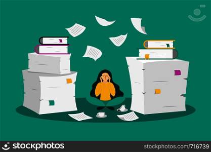 Young woman sits between the pile of papers and is overloaded with a lot of information. Information overload background. Vector illustration.