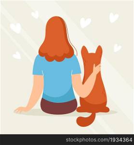 Young woman sits her back with dog, pet. Love and friendship with animals. Vet clinic. Vector illustration in cartoon style