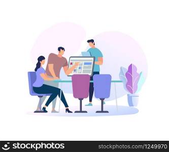 Young Woman Sitting at Desk With Computer and her Colleague Pointing to Screen and Give Advice Isolated on White Background. Man Use Tablet. Online Education People. Cartoon Flat Vector Illustration. Young Woman Sitting at Desk With Computer. People.