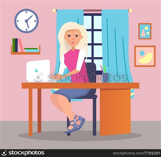 Young woman sitting at table and using laptop. Quarantine distance work. Freelance work at home. Effectively organizing home time. Home office. Businesswoman or student working at home or office. Young woman sitting at table and using laptop, quarantine distance work, freelance work at home