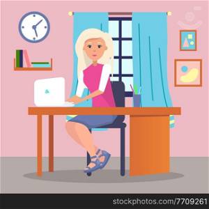 Young woman sitting at table and using laptop. Quarantine distance work. Freelance work at home. Effectively organizing home time. Home office. Businesswoman or student working at home or office. Young woman sitting at table and using laptop, quarantine distance work, freelance work at home
