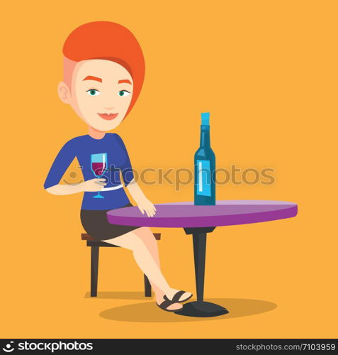 Young woman sitting at the table with glass and bottle of wine. Caucasian woman drinking wine at restaurant. Cheerful woman enjoying a drink at wine bar. Vector flat design illustration. Square layout. Woman drinking wine at restaurant.