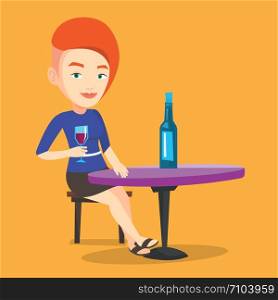 Young woman sitting at the table with glass and bottle of wine. Caucasian woman drinking wine at restaurant. Cheerful woman enjoying a drink at wine bar. Vector flat design illustration. Square layout. Woman drinking wine at restaurant.