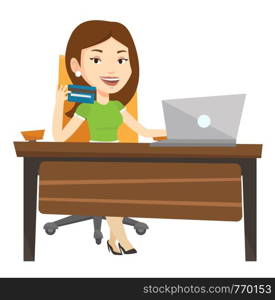 Young woman sitting at the table with laptop and credit card in hand. Woman using laptop for online shopping. Woman showing credit card. Vector flat design illustration isolated on white background.. Woman shopping online vector illustration.