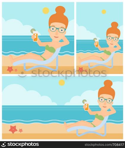 Young woman sitting in a chaise longue and holding a cocktail in hand on the background of sand beach with blue sea. Vector flat design illustration. Square, horizontal, vertical layouts.. Woman sitting in chaise longue vector illustration