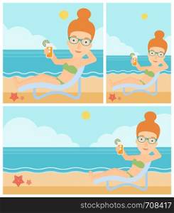 Young woman sitting in a chaise longue and holding a cocktail in hand on the background of sand beach with blue sea. Vector flat design illustration. Square, horizontal, vertical layouts.. Woman sitting in chaise longue vector illustration