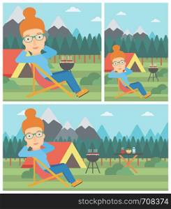 Young woman sitting in a folding chair in the camp. Travelling woman relaxing and enjoying her camping holiday near the tent. Vector flat design illustration. Square, horizontal, vertical layouts.. Woman sitting in folding chair in the camp.