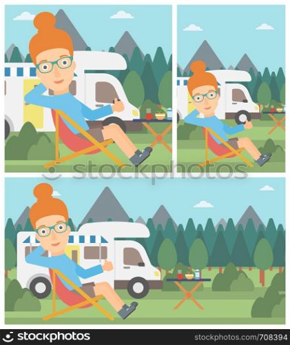 Young woman sitting in folding chair and giving thumb up on the background of camper van. Woman enjoying vacation in camper van. Vector flat design illustration. Square, horizontal, vertical layouts.. Woman sitting in chair in front of camper van.