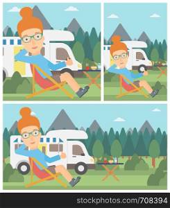 Young woman sitting in folding chair and giving thumb up on the background of camper van. Woman enjoying vacation in camper van. Vector flat design illustration. Square, horizontal, vertical layouts.. Woman sitting in chair in front of camper van.