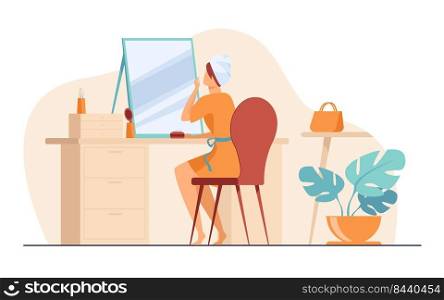 Young woman sitting in front of mirror flat vector illustration. Morning routine procedures for beauty. Skincare, washing and hygiene concept.