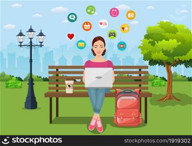 Young woman sitting in the park on the bench and working with laptop. social networking and texting to friends. Vector illustration in flat style. Young woman sitting in the park on the bench