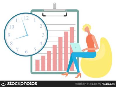 Young woman sitting in yellow armchair and working on laptop. Home office concept. Female freelancer, entrepreneur. Time management vector illustration. Young Woman Working on Laptop in Armchair Vector