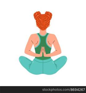 Young woman sitting in yoga lotus pose view from back. Meditating girl illustration. Yoga woman, meditation, anti-stress