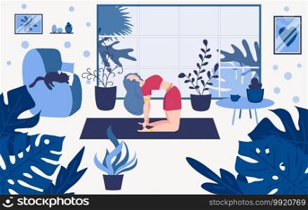 Young woman sitting in yoga pose and meditation. Girl performing aerobics exercise and morning meditation at home. Physical and spiritual practice. illustration in a flat cartoon style.. Young woman sitting in yoga pose and meditation. Girl performing aerobics exercise and morning meditation at home.
