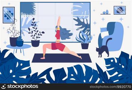 Young woman sitting in yoga pose and meditation. Girl performing aerobics exercise and morning meditation at home. Physical and spiritual practice. illustration in a flat cartoon style.. Young woman sitting in yoga pose and meditation. Girl performing aerobics exercise and morning meditation at home.