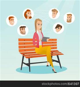 Young woman sitting on a bench and using a tablet computer with network avatar icons above. Woman surfing in the social network. Social network concept. Vector flat design illustration. Square layout.. Woman surfing in the social network.