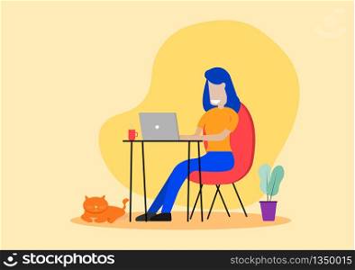 Young Woman Sitting on a Chair Using Laptop Working at Home to Protect Himself From Corona Virus or Covid-19