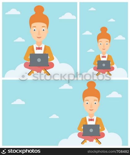 Young woman sitting on a cloud with a laptop on her knees. Happy woman using cloud computing technology. Cloud computing concept. Vector flat design illustration. Square, horizontal, vertical layouts.. Woman using cloud computing technology.