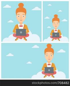 Young woman sitting on a cloud with a laptop on her knees. Happy woman using cloud computing technology. Cloud computing concept. Vector flat design illustration. Square, horizontal, vertical layouts.. Woman using cloud computing technology.
