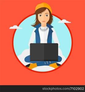 Young woman sitting on a cloud with a laptop on her knees. Happy woman using cloud computing technology. Cloud computing concept. Vector flat design illustration in the circle isolated on background.. Woman using cloud computing technology.