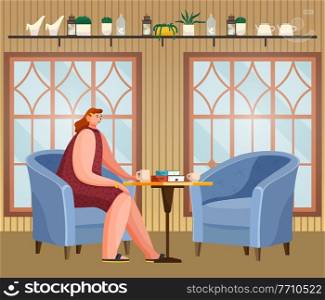 Young woman sitting on armchair at home or in a cafe. Female character at a table with coffee and books vector illustration. Spending time at home, relaxing after work, reading books, drinking tea. Woman sitting on armchair at home or in a cafe. Female character at a table with coffee and books