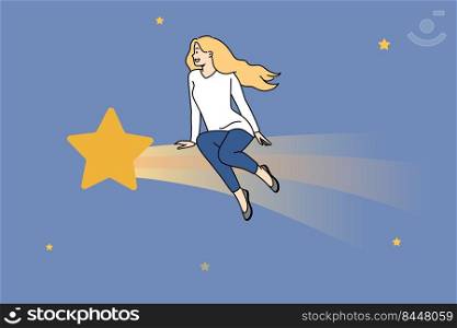 Young woman sitting on big star dreaming or thinking of future. Girl imagining perspectives or making plans. Dreamer in starry sky. Vector illustration.. Woman sitting on star dreaming