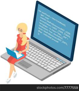 Young woman sitting on computer and working with laptop in social networks. Girl searching for education studying using laptop typing in social media comments, female programmer is typing program code. Young woman sitting on computer and working with laptop in social networks, typing program code