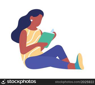 Young woman sitting on floor with book. Relaxing comfortable reading. Vector illustration. Young woman sitting on floor with book. Relaxing comfortable reading