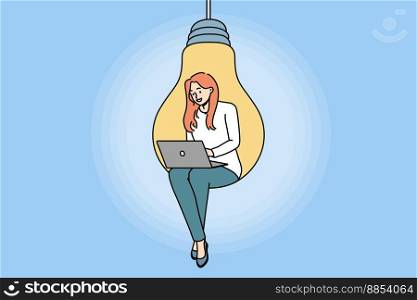 Young woman sitting on huge light bulb working on laptop. Confident motivated female employee on lightbulb busy with computer job. Innovation and brainstorm. Vector illustration. . Woman sit on light bulb work on laptop 