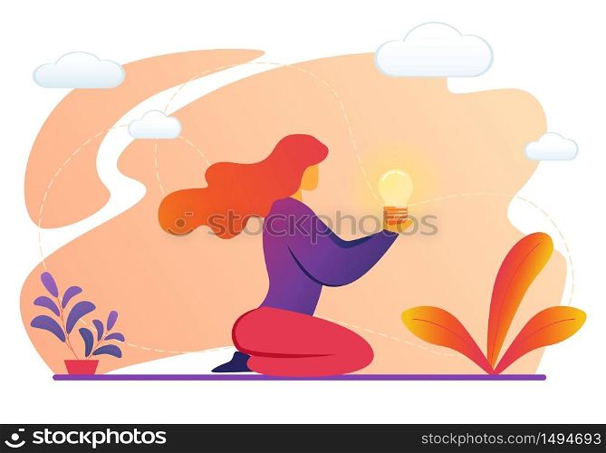 Young Woman Sitting on Knees Holding Illuminated Light Bulb in Hands. Creative Business Idea, Insight, Innovation, New Project. Female Character and Shining Lightbulb. Cartoon Flat Vector Illustration. Woman Holding Illuminated Light Bulb in Hands.