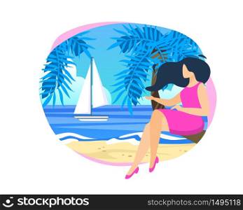 Young Woman Sitting on Palm Tree Trunk at Sandy Beach Admire of Sailing Ship Floating Ocean Waves Isolated on White Background, Summer Time Vacation, Trip, Cartoon Flat Vector Illustration, Icon. Young Woman Sitting on Palm Tree Trunk at Beach