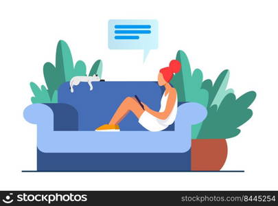 Young woman sitting on sofa with cat and mobile device. Girl, chatting, smartphone flat vector illustration. Home and relaxation concept for banner, website design or landing web page